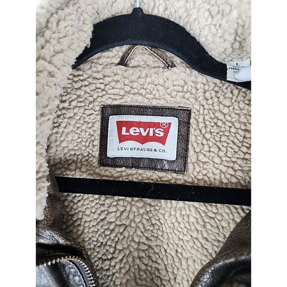 Levi's Aviator Bomber Jacket Men's Size Large Brown Faux Leather Sherpa Lined - Picture 6 of 13